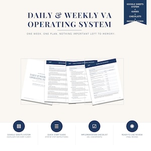 May include: A digital Daily & Weekly VA Operating System document set featuring a Google Sheets system, guides, and checklists. The pages include text headers like Quick Start, Daily & Weekly Operating Checklist, and Ready-to-Use Review.