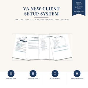 May include: A digital document set titled VA NEW CLIENT SETUP SYSTEM, featuring a 60-step checklist, quick-start guide, and instant access. The layout includes four white pages with dark blue text, headers, and four circular icons at the bottom.