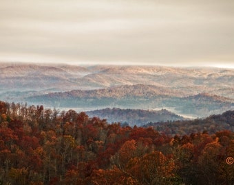 Blue Ridge, Mountain Photography, Landscape Photo, 10 x 20, Panoramic, Fall. Smoke inversion,North Carolina, wall art, Home decor,Smokies