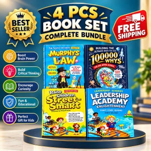 May include: A four-piece book set featuring colorful covers titled Murphy's Law, 100000 Whys, Raise Children Street-Smart, and Leadership Academy Enlightenment. The books are displayed on a dark circular base with promotional text.