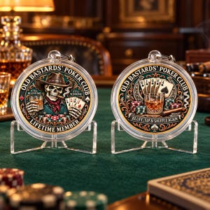 May include: Two circular acrylic plaques on clear stands. The left plaque features a skeleton in a cowboy hat, poker cards, and the text OLD BASTARDS' POKER CLUB LIFETIME MEMBER. The right plaque shows cards, chips, and BLUFF, SIP & SHUFFLE AGAIN.