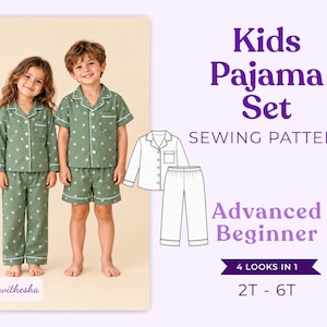 May include: Kids Pajama Set sewing pattern for sizes 2T-6T, labeled Advanced Beginner and 4 Looks in 1. Includes a technical line drawing of a button-down shirt and pants, alongside a photo of two children wearing green polka dot pajamas.