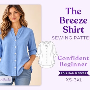 Cartamodello PDF per camicia Breeze, cartamodello per camicia da donna con bottoni, blusa dalla vestibilità comoda, maniche con linguetta arrotolabile, cartamodello per camicia da donna