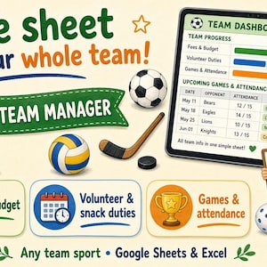 Feuille de calcul pour la gestion d'une équipe sportive de jeunes, agenda des mamans d'équipe, planning des bénévoles et des collations, suivi des cotisations, tous sports, Google Sheets Excel