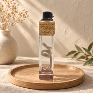 May include: A tall, rectangular glass bottle filled with clear liquid and a coiled, light-colored organic specimen inside. The neck of the bottle is wrapped in a tan paper label featuring black cursive script and topped with a black cap.