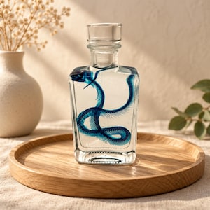 May include: A clear glass rectangular bottle with a stopper, containing a submerged blue snake skeleton. The bottle is filled with a transparent liquid, showcasing the intricate, curved structure of the blue-dyed skeletal remains.