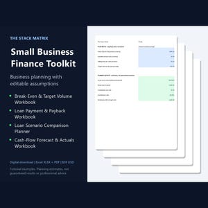 May include: A digital small business finance toolkit titled The Stack Matrix, featuring a list of workbooks including break-even, loan payment, loan scenario, and cash-flow forecast, displayed alongside a stack of white document pages with data.
