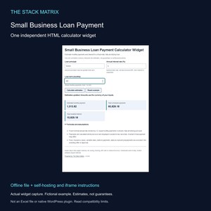 May include: A digital Small Business Loan Payment Calculator Widget interface featuring input fields for loan principal, annual interest rate, and loan term, with calculated results for monthly payments, total payments, and total interest.