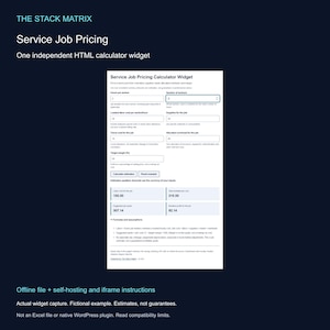 Könnte beinhalten: Ein digitales Service Job Pricing Calculator Widget mit Eingabefeldern für Stunden, Arbeiter, Arbeitskosten, Material, Reisekosten, Gemeinkosten und Zielmarge sowie Schaltflächen zum Berechnen und Zurücksetzen.