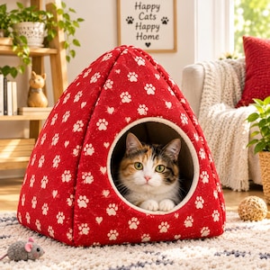 May include: A red, triangular pet bed featuring a white pattern of paw prints and small hearts. The bed has a circular opening at the front, inside of which sits a calico cat with white, orange, and black fur looking directly forward.