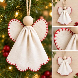 May include: A hanging angel ornament made of off-white fabric with red blanket stitching along the edges. The ornament features a round, light-colored wooden bead as a head and a jute twine loop for hanging, showcasing a simple, textile design.