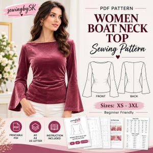 May include: A PDF sewing pattern for a long-sleeve boat neck top in a deep mauve velvet fabric. The image displays the finished garment, a technical line drawing of the front and back, size range XS-3XL, and printable document icons.