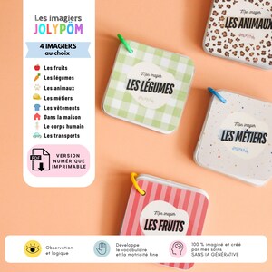 Peut inclure: Trois livrets éducatifs carrés aux coins arrondis, reliés par un anneau en plastique coloré. Les couvertures portent les titres Les Animaux, Les Légumes et Les Fruits, avec des motifs distincts comme l'imprimé léopard, le vichy vert et les rayures roses.