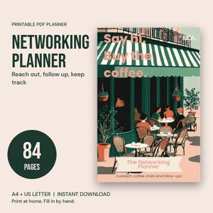 Op de afbeelding: Een printbare PDF-netwerkplanner met 84 pagina's. De omslag toont een illustratie van een café met groen gestreepte luifels en mensen aan tafels. De tekst luidt: Say hi. Buy the coffee. The Networking Planner.