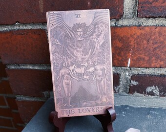 Full Metal Arcana: The Lovers GIFT SET // solid etched copper tarot card and rose quartz crystal // altar totem // from Mod Evil