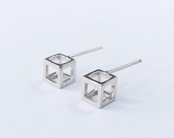 Cube Earrings // 14k gold or sterling silver minimalist geometry earring studs // Simple Geometry from Mod Evil