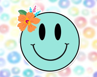 Blue Happy Face Sticker | Floral Hippie Smile Decal