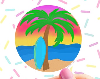 Sunset Beach Sticker | Palm Tree, Surfboard Vinyl Decal