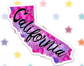 May include: A pink and purple watercolor outline of the state of California with the word "California" written in black cursive lettering.