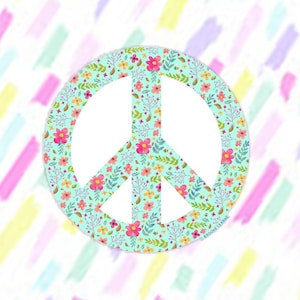 A peace sign with a floral pattern on a light blue background. The flowers are pink, yellow, and orange. The background is white with pastel coloured brushstrokes.