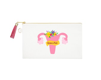 Grow a Pair Zipper Canvas Bag | Natural Canvas Pouch | Feminist Cosmetic Pouch | Girl Power Purse | Funny quote Zipper Bag | Uterus Bag
