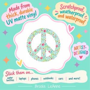A peace sign with a floral pattern on a light blue background. The flowers are pink, yellow, and orange. The background is white with pastel coloured brushstrokes.