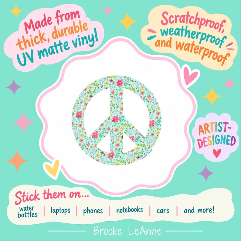 A peace sign with a floral pattern on a light blue background. The flowers are pink, yellow, and orange. The background is white with pastel coloured brushstrokes.