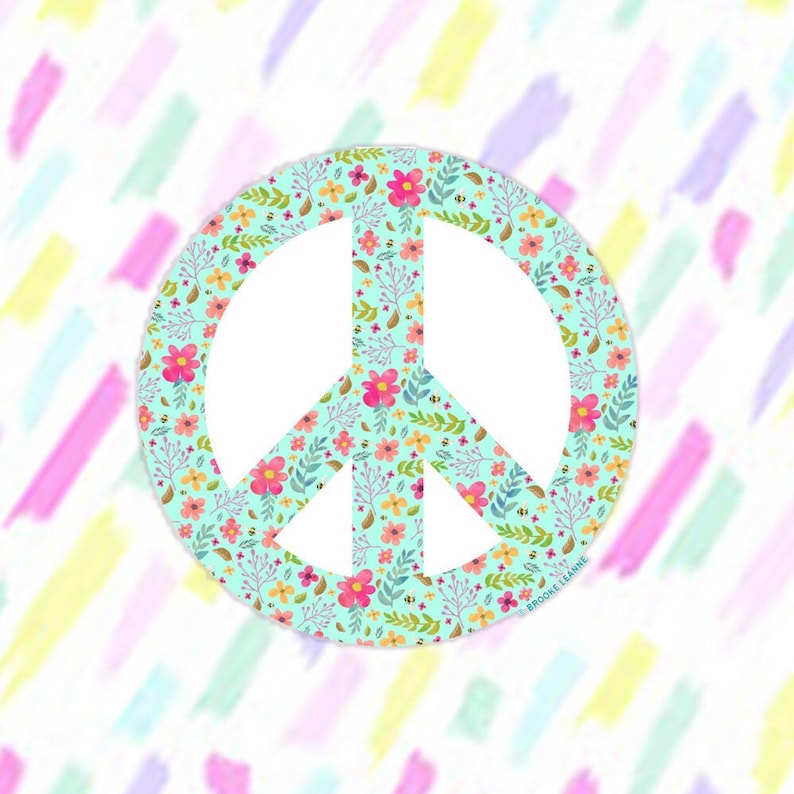 A peace sign with a floral pattern on a light blue background. The flowers are pink, yellow, and orange. The background is white with pastel coloured brushstrokes.