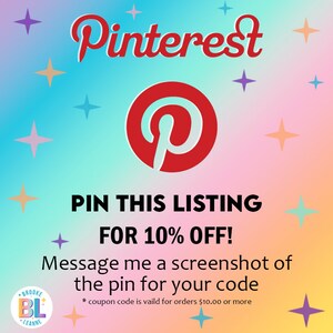 Colorful Pinterest promotion graphic for Brooke LeAnne offering 10% off an Etsy order of $10 or more when shoppers pin the listing and message a screenshot, featuring a bright pastel rainbow background and Pinterest logo.