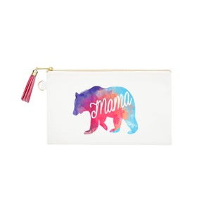 Mama Bear Zipper Canvas Bag | Natural Canvas Pouch | Mother&#39;s Day Cosmetic Pouch | Mom Life Purse | Baby Gift Zipper Bag | New Mom Gift