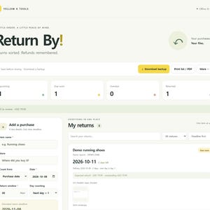 Op de afbeelding: Een digitaal dashboard-interface getiteld Return By! met een lichte achtergrond en gele accenten. Het bevat secties voor het bijhouden van aankopen, retourdeadlines en statusupdates voor diverse artikelen.