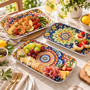 May include: Three rectangular ceramic serving platters featuring a vibrant, multi-colored mandala pattern in shades of blue, yellow, red, and green. The platters are arranged on a table, holding shrimp, asparagus, tomatoes, fruit tarts, grapes, cheese, crackers, and prosciutto.
