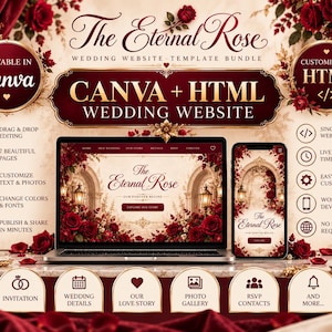 May include: A wedding website template bundle titled The Eternal Rose, featuring a laptop and smartphone displaying a floral design with red roses. Includes Canva and HTML options, drag and drop editing, seven pages, a countdown timer, and customizable text and photos.