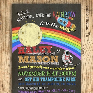 Outer space birthday invitation - Rainbow birthday invitation - Sibling birthday invitation - Twins birthday - Chalkboard you print