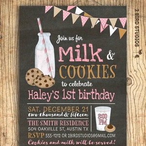 Cookies and Milk invitation -  Milk and cookies birthday party -  - Milk & cookies party - Chalkboard girls birthday party invitation