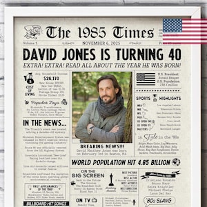 In the year 1985 birthday party decor - 40th birthday gift for him - Back In 1985 newspaper fun facts - The year you were born digital sign