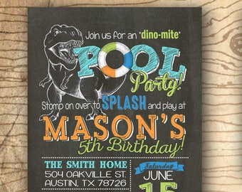 Dinosaur pool party invitation - Pool party & dinosaur birthday invitation - matching thank you card - Dinosaur party pool party birthday