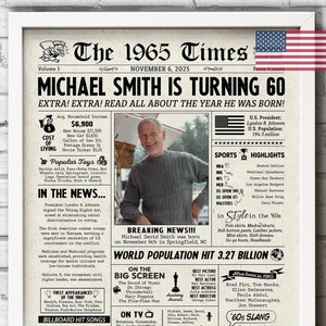 In the year 1965 birthday party decor - 60th birthday gift for him - Back In 1965 newspaper fun facts - The year you were born digital sign