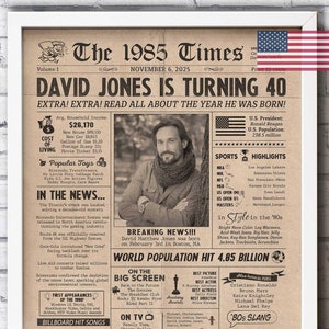 40th birthday gift for him - In the year 1985 birthday decoration - Back In 1985 newspaper fun facts - The year you were born digital sign