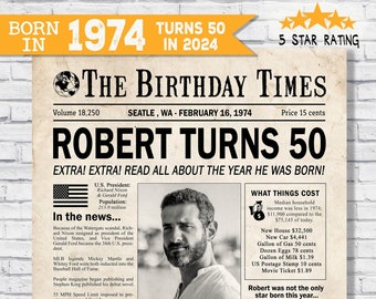 In the year 1974 birthday party decor - 50th birthday gift for him- Back In 1974 newspaper fun facts - The year you were born - digital sign