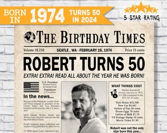 Décor de fête d'anniversaire de l'année 1974 - Cadeau du 50e anniversaire pour lui - Faits amusants du journal Back In 1974 - L'année de votre naissance - Signe numérique