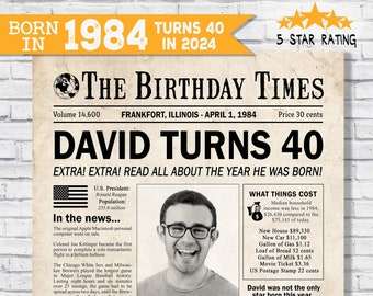 In the year 1984 birthday party decor - 40th birthday gift for him- Back In 1984 newspaper fun facts - The year you were born - digital sign
