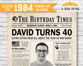 40th birthday decorations - Last minute 40th birthday newspaper - year you were born in 1984 sign - 40th birthday ideas