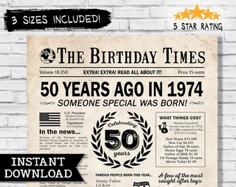 50th birthday decorations- 50 years ago born in 1974 - newspaper with fun facts year you were born - 50th birthday party last minute gift