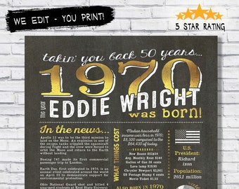 In the year 1970 birthday party decor - 50th birthday gift for him- Back In 1970 chalkboard facts - The year you were born - digital sign