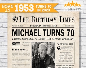 In the year 1953 birthday party decor - 70th birthday gift for him- Back In 1953 newspaper fun facts - The year you were born - digital sign