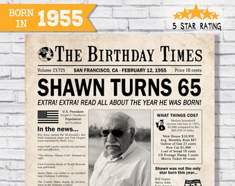 In the year 1955 birthday party decor - 65th birthday gift for him- Back In 1955 newspaper facts - The year you were born - digital sign