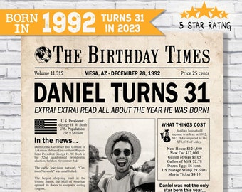 31st birthday party decor - In the year 1992 gift for him - Back In 1992 newspaper fun facts - In the year you were born - digital file