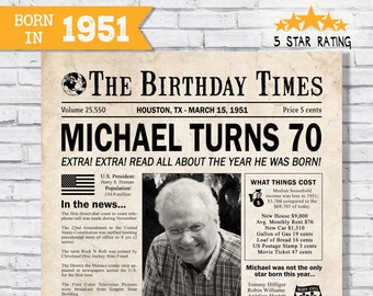 In the year 1951 birthday party decor - 70th birthday gift for him- Back In 1951 newspaper facts - The year you were born - digital sign