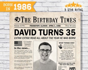 In the year 1986 birthday party decor - 35th birthday gift for him- Back In 1986 newspaper facts - The year you were born - digital sign